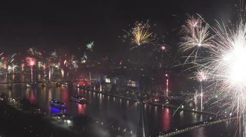 4K Time Lapse Zoom Out Grand Firework Aerial New Years Eve