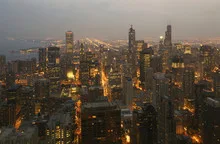 Chicago aerial downtown skyline sunset