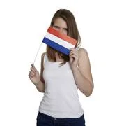 Woman Hides Her Face Behind Flag Of The Netherlands