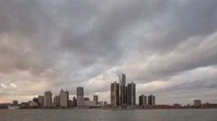 4K Time Lapse Zoom Out Detroit Skyline Sunset