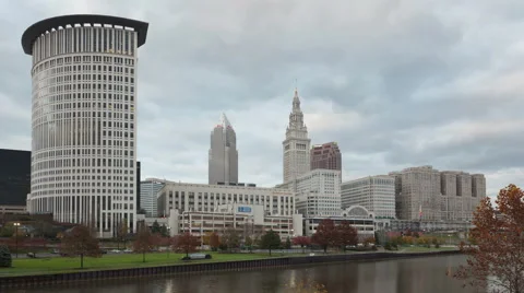 4K Time Lapse Close Up Cleveland Skyline Downtown Sunset