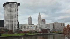 4K Time Lapse Close Up Cleveland Skyline Downtown Sunset