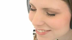 Woman With Headphones Listens Music