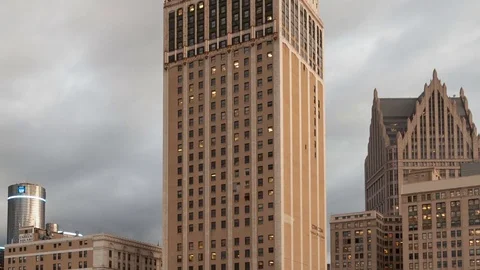 Timelapse Twilight Detroit Skyline Close-Up Zoom Out (Editorial)