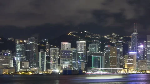 Time Lapse Pan Shot Close Up Hong Kong Skyline At Nighttime