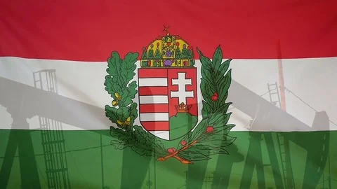 Hungary Coat Of Arms Flag Slow Motion Oil Production Concept
