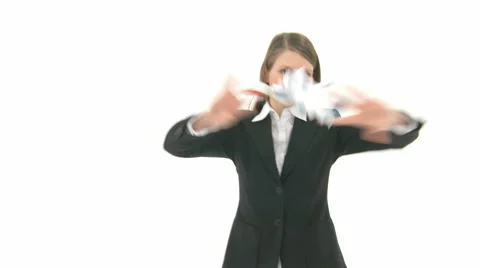 Business Woman Throws Papers Into Camera