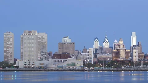 4K Time Lapse Zoom Out Philadelphia Skyline At Dawn