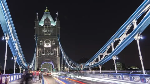 4K Time Lapse Zoom Out Tower Bridge London Traffic At Night