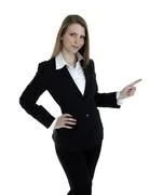 Business Woman Points At Something On The Right Side Of The Image. Isolated O
